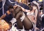  1girl azur_lane bandaged_arm bandaged_head bandages black_legwear blue_eyes breasts brown_hair candle cloud cloudy_sky commentary_request couch crossed_legs feet full_body halloween indoors long_hair mamemena manjuu_(azur_lane) medium_breasts moon newcastle_(azur_lane) night no_shoes pantyhose parted_lips sitting sky soles solo straight_hair umbrella window 