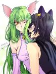  1boy 1girl 2018 animal_ears bangs black_hair breasts c.c. cat_ears closed_mouth code_geass dated detached_sleeves dress earrings eyebrows_visible_through_hair facial_mark green_hair hair_between_eyes highres jewelry lelouch_lamperouge long_hair long_sleeves makeup mascara medium_breasts one_eye_closed pink_dress pink_sleeves purple_eyes roman_buriki sideboob signature simple_background sketch sleeveless sleeveless_dress upper_body very_long_hair white_background yellow_eyes 