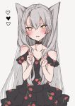  1girl alternate_costume amatsukaze_(kantai_collection) black_dress cherry_print chigasaki_y choker commentary_request dress food_print highres kantai_collection long_hair looking_at_viewer off_shoulder silver_hair simple_background smokestack_hair_ornament solo two_side_up white_background yellow_eyes 