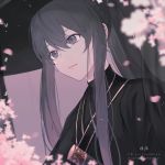  1girl bangs black_hair black_kimono blurry blurry_foreground closed_mouth commentary_request depth_of_field eyebrows_visible_through_hair flower grey_eyes hair_between_eyes japanese_clothes katana kimono long_hair looking_away original petals pink_flower pixiv_id ponytail sidelocks smile solo sword upper_body weapon yuizayomiya 