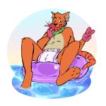  alien anthro bearsmug diaper eating food fruit gesture hi_res inflatable male melon one_eye_closed plant pool_toy sheepypeepy simple_background solo tio tube v_sign water watermelon watermelon_slice wink 