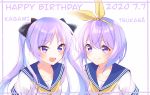  2girls :d absurdres bangs blue_sailor_collar blush character_name closed_mouth collarbone commentary_request eyebrows_visible_through_hair eyelashes hairband happy_birthday highres hiiragi_kagami hiiragi_tsukasa inumoto long_hair looking_at_viewer lucky_star multiple_girls open_mouth purple_eyes purple_hair sailor_collar shiny shiny_hair shirt short_sleeves siblings sisters smile tied_hair tongue white_background white_shirt yellow_hairband 