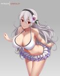  1girl alternate_breast_size artist_name bangs bare_arms bare_shoulders bikini black_hairband breasts cleavage closed_mouth collarbone corrin_(fire_emblem) corrin_(fire_emblem)_(female) dakkalot fire_emblem fire_emblem_fates fire_emblem_heroes flower frilled_bikini frills front-tie_bikini front-tie_top hair_between_eyes hair_flower hair_ornament hairband hibiscus large_breasts layered_bikini leaf leaning_forward long_hair looking_at_viewer navel purple_flower red_eyes ribbon silver_hair smile solo stomach swimsuit thighs very_long_hair white_bikini white_ribbon 