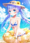  1girl beach bikini blue_eyes blue_hair blue_sky cloud commentary flat_chest flower frilled_bikini frills gochuumon_wa_usagi_desu_ka? hair_ornament hairclip hat innertube kafuu_chino midriff mozukun43 navel ocean open_mouth plaid plaid_bikini sand sky sunflower swimsuit twintails water_drop 