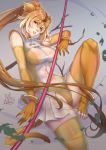  1girl abs animal_ears arm_at_side arm_up bangs bare_shoulders blackmoon breasts brown_eyes brown_hair chinese_clothes circlet covered_navel elbow_gloves eyebrows_visible_through_hair eyes_visible_through_hair fighting_stance floating_hair gloves golden_snub-nosed_monkey_(kemono_friends) groin hair_between_eyes half-closed_eyes high_ponytail highleg highleg_leotard highres impossible_clothes impossible_leotard jewelry kemono_friends leaf leg_up leotard light_smile lips long_hair looking_at_viewer medium_breasts monkey_ears monkey_tail multicolored_hair orange_hair parted_bangs parted_lips pleated_skirt polearm see-through shiny shiny_clothes shiny_hair shiny_skin signature skindentation skirt solo stomach tail thighhighs toeless_legwear toenails toes toned very_long_hair weapon winde 