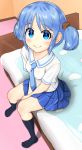  1girl absurdres bed between_legs black_legwear blue_eyes blue_hair blue_neckwear blue_skirt blush collarbone collared_shirt commentary_request eyebrows_visible_through_hair eyelashes full_body hand_between_legs highres indoors looking_at_viewer naganohara_mio necktie nichijou on_bed rasuku_(rusk_trinity) shiny shiny_hair shirt short_sleeves short_twintails sidelocks sitting skirt smile socks solo tied_hair twintails white_shirt 