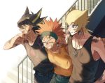  3boys :d aqua_pants arm_around_neck belt black_belt black_hair black_shirt black_tank_top blonde_hair blue_pants brown_eyes bruise closed_eyes collarbone crow_hogan earrings fudou_yuusei grin highlights injury jack_atlas jewelry multicolored_hair multiple_boys open_mouth orange_hair pants print_shirt shirt sidelocks simple_background sleeveless sleeveless_shirt smile spiked_hair stairs standing tank_top torinomaruyaki white_background yellow_tank_top yuu-gi-ou yuu-gi-ou_5d&#039;s 