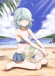  1girl ahoge ball barefoot beach beachball bikini bikini_skirt blue_bikini blue_sky brown_eyes cloud day flat_chest full_body grey_hair hair_over_eyes hamanami_(kantai_collection) island kantai_collection long_hair looking_at_viewer ocean outdoors palm_leaf pleated_skirt ribbon short_hair sitting skirt sky soil_7yi2i2s solo striped striped_bikini swimsuit wariza 