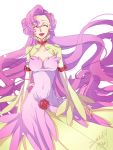  1girl 2018 :d asymmetrical_bangs bangs breasts choker cleavage closed_eyes code_geass collarbone covered_navel dated dress earrings euphemia_li_britannia facing_viewer floating_hair highres jewelry layered_dress long_dress long_hair long_sleeves medium_breasts open_mouth purple_dress purple_hair roman_buriki shrug_(clothing) signature simple_background sleeveless sleeveless_dress smile solo standing striped striped_dress tied_hair very_long_hair white_background yellow_dress 
