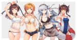  4girls akizuki_(kantai_collection) armpits bikini black_bikini black_hair black_headband black_sarong black_shorts blue_eyes braid breasts brown_hair clothes_writing collarbone cowboy_shot denim denim_shorts eyebrows_visible_through_hair green_eyes grey_eyes grey_jacket groin hachimaki hair_between_eyes hair_ornament hatsuzuki_(kantai_collection) headband highres innertube jacket kantai_collection kasumi_(skchkko) large_breasts long_hair long_sleeves multiple_girls navel one-piece_swimsuit open_clothes open_jacket propeller_hair_ornament sarong short_hair shorts silver_hair smile suzutsuki_(kantai_collection) swimsuit teruzuki_(kantai_collection) twin_braids white_bikini zipper zipper_pull_tab 