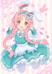  1girl animal_ears apron aqua_dress bow braid brown_eyes bunny_ears clenched_hands commentary_request dress fake_animal_ears hairband heart highres jumping kupuru_(hirumamiyuu) long_hair low_braid low_twintails mimi_(princess_connect!) open_mouth pantyhose paw_pose pink_background pink_hair princess_connect! princess_connect!_re:dive ribbon smile solo striped striped_background twin_braids twintails waist_apron white_apron white_legwear 