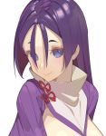  1girl bangs between_breasts blush breasts closed_mouth fate/grand_order fate_(series) high_collar large_breasts long_hair looking_at_viewer minamoto_no_raikou_(fate/grand_order) parted_bangs purple_eyes purple_hair ribbed_sleeves simple_background smile tabard tim_loechner very_long_hair 