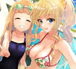  2girls ashita_(2010) bangs bare_shoulders bikini blonde_hair blue_eyes blue_swimsuit blunt_bangs blush breasts cleavage closed_eyes collarbone floral_print goggles goggles_on_head grin hair_ornament hair_scrunchie highres ichihara_nina idolmaster idolmaster_cinderella_girls large_breasts long_hair looking_at_viewer multiple_girls one-piece_swimsuit ootsuki_yui orange_hair ponytail pool school_swimsuit scrunchie sidelocks smile swept_bangs swimsuit v wavy_hair wet white_bikini 