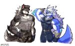  2019 abs anthro belt biceps canid canine canis cheong_hwan clothed clothing digital_media_(artwork) facial_hair fingerless_gloves fur gloves goatee group hair handwear hi_res male mammal muscular muscular_male pecs simple_background wolf wolfmalro 