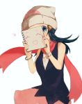  1girl beanie blue_eyes blue_hair blush bracelet commentary_request covering_face hadu_eru hat heart hikari_(pokemon) holding_sketchbook jewelry long_hair looking_at_viewer pink_scarf poke_ball_print pokemon pokemon_(game) pokemon_dppt scarf simple_background sketchpad solo white_background white_headwear 