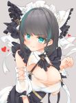  1girl animal_ears aqua_eyes aqua_hair azur_lane bangs bare_shoulders black_hair black_ribbon blush breasts cheshire_(azur_lane) cleavage commentary_request detached_collar detached_sleeves dress eyebrows_visible_through_hair frilled_dress frilled_hairband frills grey_background hair_intakes hairband heart highres large_breasts looking_at_viewer maid_headdress multicolored_hair neck_ribbon paw_pose pout puffy_detached_sleeves puffy_sleeves ribbon saekiya_sabou sidelocks simple_background solo streaked_hair twitter_username upper_body white_dress wrist_cuffs 