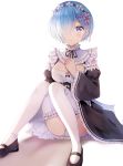  1girl :o bangs black_footwear blue_eyes blue_hair blush breasts cleavage commentary_request detached_sleeves frills hair_ornament hair_over_one_eye hair_ribbon highres large_breasts looking_at_viewer maid maid_headdress nasii pink_ribbon re:zero_kara_hajimeru_isekai_seikatsu rem_(re:zero) ribbon shoes short_hair simple_background sitting smile solo thighhighs white_background white_legwear x_hair_ornament 