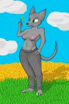  2:3 absurd_res anthro axentooth belly biped blue_eyes blue_sky breasts canid canine canis cloud domestic_dog elesia_(axentooth) exposed_breasts female field flower fur glistening glistening_body grass grey_body grey_fur hand_on_hip hi_res holding_flower holding_object looking_at_flower looking_at_object looking_at_plant mammal midriff navel nipples outside plant sky slim smile solo solo_focus sweatpants 