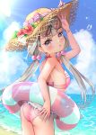  1girl :o ass bangs bare_arms bare_shoulders beach bikini blue_sky blush breasts cloud cloudy_sky commentary_request day eyebrows_visible_through_hair eyewear_on_head flower frills from_side hair_ornament hat hat_flower highres hisakawa_nagi idolmaster idolmaster_cinderella_girls idolmaster_cinderella_girls_starlight_stage innertube long_hair looking_at_viewer low_twintails ocean open_mouth outdoors pink_bikini pink_swimsuit red_flower sky small_breasts solo straw_hat summer sun_hat sunglasses swimsuit takoyakiudon twintails water wristband 