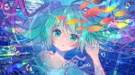  1girl air_bubble aqua_hair blue_background blue_eyes bubble hand_up hatsune_miku kawanobe long_hair looking_at_viewer school_of_fish solo tropical_fish underwater upper_body vocaloid 