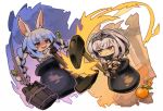  2girls :3 animal_ear_fluff animal_ears bangs black_gloves blue_hair blush bow braid bucket bunny_ears carrot_hair_ornament cauldron chibi closed_mouth commentary_request detached_sleeves don-chan_(hololive) eyebrows_visible_through_hair fingerless_gloves food food_themed_hair_ornament fruit fur-trimmed_gloves fur_trim getting_over_it gloves green_eyes grey_hair hair_bow hair_ornament headpiece holding hololive in_cauldron in_pot itsuki_tasuku multicolored_hair multiple_girls orange puffy_short_sleeves puffy_sleeves red_eyes shaded_face shirogane_noel short_eyebrows short_sleeves sledgehammer smirk tears thick_eyebrows twin_braids twintails two-handed two-tone_hair usada_pekora v-shaped_eyebrows vambraces virtual_youtuber white_bow white_hair white_sleeves 