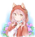  1girl animal animal_ear_fluff animal_ears bangs bird bluebird blush brown_eyes capelet closed_mouth commentary_request day eyebrows_visible_through_hair flower hair_between_eyes hand_up hood hood_up hooded_capelet hydrangea long_sleeves original outdoors pink_flower pink_hair purple_flower rain red_capelet shirt sleeves_past_wrists smile solo upper_body wataame27 white_shirt wolf-chan_(wataame27) wolf_ears 