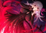  1girl bangs body_markings breasts corruption dark_sakura fate/stay_night fate_(series) gakuon_(gakuto) gradient gradient_background hair_ribbon heaven&#039;s_feel large_breasts long_hair long_sleeves looking_at_viewer matou_sakura purple_ribbon red_eyes ribbon shaded_face smile thighs white_hair 