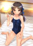  1girl bangs bare_shoulders blue_bow blue_swimsuit blush bow breasts brown_eyes brown_hair closed_mouth collarbone covered_navel feet hair_bow half_updo highres idolmaster idolmaster_cinderella_girls lantern legs long_hair looking_at_viewer okina_ika on_bed one-piece_swimsuit parted_bangs school_swimsuit sidelocks sitting small_breasts smile swimsuit tachibana_arisu v wariza 