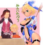 ._. 1girl 2boys ^_^ arm_around_shoulder blonde_hair breasts cape center_opening closed_eyes cowboy_shot cyborg dunban eating eyes fiorung food green_eyes hand_on_hip holding_spatula joints leotard medium_breasts multiple_boys natto_soup navel no_nose robot_joints short_hair shulk smile speed_armor_(fiorung) xenoblade_(series) xenoblade_1 