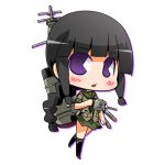  1girl adapted_turret bangs black_hair blunt_bangs braid cannon chibi commentary_request green_sailor_collar green_serafuku green_skirt hair_over_shoulder hair_ribbon kantai_collection kitakami_(kantai_collection) long_hair looking_at_viewer lowres machinery neckerchief pac-man_eyes pleated_skirt purple_eyes ribbon sailor_collar school_uniform serafuku sidelocks simple_background single_braid skirt smokestack solo suntail tress_ribbon turret white_background 