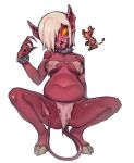  5_fingers belly breasts clothed clothing collar crouching female fingers fire_imp_(terraria) hair hair_over_eye hi_res humanoid imp looking_at_viewer monstrous_humanoid navel nipple_outline nyong_nyong one_eye_obstructed open_mouth orange_sclera red_body sharp_teeth simple_background solo spade_tail spiked_collar spikes spread_legs spreading teeth terraria torn_clothing white_background yellow_eyes 