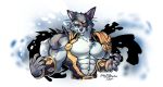  2020 abs anthro biceps clothing cygni_(artist) digital_media_(artwork) eye_patch eyewear fur hi_res male mammal multicolored_body multicolored_fur muscular muscular_anthro muscular_arms muscular_male pecs scar simple_background wolfmalro 