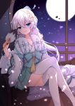  1girl aqua_bow aqua_skirt blue_eyes blue_ribbon bow chinese_clothes commentary constellation crossed_legs earrings feather_fan full_moon fur_trim hair_between_eyes hair_ornament hair_stick hairclip highres honkai_(series) honkai_impact_3rd indoors jewelry long_hair long_sleeves looking_at_viewer moon night night_sky petals poinia ribbon silver_hair skirt sky smirk solo star_(sky) starry_sky striped theresa_apocalypse theresa_apocalypse_(starlit_astrologos) thighhighs vertical-striped_skirt vertical_stripes very_long_hair white_legwear wide_sleeves window 