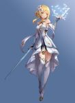  1girl bare_shoulders blonde_hair blue_background bracer breasts cleavage flower full_body genshin_impact hair_flower hair_ornament highres holding holding_sword holding_weapon lunacle magic short_hair_with_long_locks sidelocks small_breasts solo standing sword thighhighs weapon white_legwear yellow_eyes 