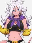  1girl android_21 blue_eyes breasts cleavage closed_mouth cosplay dragon_ball dragon_ball_fighterz earrings gloves grey_background hair_between_eyes hoop_earrings jewelry kemachiku long_hair looking_at_viewer majin_android_21 majin_buu majin_buu_(cosplay) medium_breasts midriff navel pink_skin simple_background smile solo tail white_hair yellow_gloves 