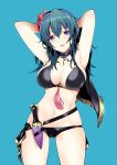  1girl absurdres armpits arms_behind_head arms_up bangs bare_shoulders belt bikini black_bikini black_capelet blue_background blue_eyes blue_hair blush breasts byleth_(fire_emblem) byleth_(fire_emblem)_(female) capelet choker cleavage collarbone dagger daive fire_emblem fire_emblem:_three_houses fire_emblem_heroes flower hair_flower hair_ornament highres large_breasts long_hair looking_at_viewer navel parted_lips simple_background swimsuit thighs weapon 