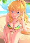  1girl bangs barefoot beach bikini blonde_hair blue_eyes blurry blurry_background blush bracelet breasts cleavage collarbone commentary_request day eyebrows_visible_through_hair front-tie_bikini front-tie_top hair_ornament hand_in_hair highres idolmaster idolmaster_cinderella_girls idolmaster_cinderella_girls_starlight_stage jewelry large_breasts long_hair looking_at_viewer multicolored multicolored_bikini multicolored_clothes namidako navel necklace ocean ootsuki_yui open_mouth outdoors palm_tree ponytail side-tie_bikini sidelocks solo striped striped_bikini swimsuit tree wavy_hair wet 