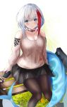  1girl admiral_graf_spee_(azur_lane) azur_lane bag bangs bare_shoulders black_choker black_legwear black_skirt blue_eyes blush breasts brown_sweater button_gap choker cleavage collarbone eyebrows_visible_through_hair feet_out_of_frame grass highres long_sleeves looking_at_viewer medium_breasts miniskirt multicolored_hair on_bench panipo pantyhose parted_lips red_hair shoulder_cutout sidelocks silver_hair sitting skirt solo streaked_hair sweater 