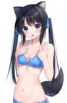  1girl :o animal_ear_fluff animal_ears anz32 bangs bare_arms bare_shoulders bikini black_hair blue_bikini blue_eyes blue_ribbon blush breasts cleavage collarbone commentary_request eyebrows_visible_through_hair fang front-tie_bikini front-tie_top hair_ornament hair_ribbon hairclip long_hair looking_at_viewer navel open_mouth original ribbon side-tie_bikini simple_background small_breasts solo stomach striped striped_bikini swimsuit tail twintails twitter_username upper_body very_long_hair white_background white_ribbon 