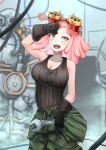  1girl :o absurdres black_gloves black_shirt boku_no_hero_academia breasts brown_eyes cleavage dreamkite gloves goggles goggles_on_head hatsume_mei highres holding_wrench indoors looking_at_viewer medium_breasts medium_hair pink_hair shirt sleeveless solo standing symbol-shaped_pupils wrench 