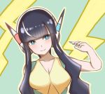  1girl bangs black_hair blue_eyes blue_nails blunt_bangs blush breasts cleavage closed_mouth collarbone commentary gym_leader headphones kamitsure_(pokemon) looking_to_the_side nail_polish ooinikuniku outline pokemon pokemon_(game) pokemon_bw2 shiny shiny_hair short_hair_with_long_locks smile solo 