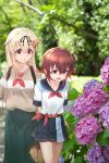  2girls alternate_costume backpack bag beige_shirt blonde_hair blue_skirt blurry blurry_background brown_eyes brown_hair collarbone commentary_request cowboy_shot day eyebrows_visible_through_hair flower flower_request green_skirt hair_between_eyes hair_flip hair_ornament hair_ribbon hairclip handbag highres kantai_collection long_hair long_skirt looking_at_another minosu multiple_girls mutsuki_(kantai_collection) neckerchief open_mouth outdoors photo_background pleated_skirt red_eyes red_neckwear remodel_(kantai_collection) ribbon sailor_collar skirt white_serafuku yuudachi_(kantai_collection) 