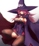  1girl alder bare_shoulders black_legwear black_sclera blazblue blazblue:_central_fiction breasts cape cleavage detached_sleeves dress floating_hair hair_over_one_eye hat highres konoe_a_mercury large_breasts long_hair long_sleeves looking_at_viewer parted_lips pink_hair short_dress simple_background smile solo squatting thighhighs wide_sleeves witch_hat yellow_eyes 