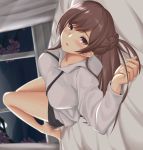  1girl :o arciealbano bangs bed_sheet braid breasts brown_eyes brown_hair curtains eyebrows_visible_through_hair french_braid highres hood hoodie legs_up long_hair lying moon night night_sky on_back open_mouth original sky white_hoodie window 