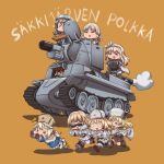  6+girls blonde_hair bt-42 character_request chasing chibi crying finnish_text fleeing fur_hat girls_frontline girls_und_panzer ground_vehicle hat highres military military_vehicle mosin-nagant_(girls_frontline) motor_vehicle multiple_girls nagant_revolver_(girls_frontline) persocon93 ppsh-41_(girls_frontline) running soviet sunglasses suomi_kp31_(girls_frontline) tank ushanka yellow_background 