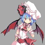 1girl bat_wings blue_hair blush commentary_request dress grey_background hand_on_hip hand_on_own_chest hand_up hat hat_ribbon looking_at_viewer mob_cap noya_makoto pink_dress pink_headwear pointy_ears red_eyes red_neckwear red_ribbon remilia_scarlet ribbon short_hair short_sleeves simple_background slit_pupils solo touhou upper_body wings wrist_cuffs 
