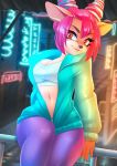  2020 anthro black_nose breasts brown_body cervid cleavage clothed clothing dannyckoo female front_view hair hi_res jacket looking_aside mammal navel neon_lights night outside pink_hair raining red_eyes sitting smile solo topwear tresertf wide_hips 
