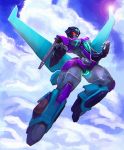  absurdres cosmikaizer decepticon english_commentary flying glowing glowing_eyes highres mecha mechanical_wings no_humans open_hands red_eyes signature slipstream smile solo sunlight thick_thighs thighs transformers transformers_animated wide_hips wings 