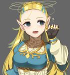  2020 5_fingers accessory blonde_hair breasts breath_of_the_wild clothing female fingerless_gloves fingers gloves grey_background hair hair_accessory handwear hi_res humanoid humanoid_pointy_ears hylian long_hair looking_aside nintendo not_furry open_mouth princess_zelda simple_background solo the_legend_of_zelda togeticisa video_games 