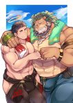  2boys animal_ears arm_around_shoulder arsalan_(tokyo_houkago_summoners) bara beard black_hair blush bodysuit bulge chest closed_mouth cloud cloudy_sky couple facial_hair fire fist_bump furry halo highres male_focus multiple_boys muscle pectorals pelvic_curtain simple_background sky smile stubble thigh_cutout tokyo_houkago_summoners towel upper_body yaoi youzora_samo18 zabaniya_(tokyo_houkago_summoners) 